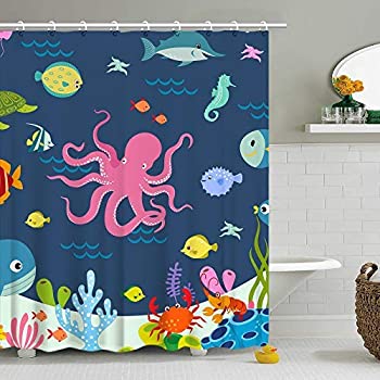 【中古】【輸入品 未使用】Shower Curtain Octopus Cartoon Underwater Sea Animal Fish 12 Hooks Deep Ocean Sea Turtle Shrimp Blue for Kids Boys Girls Fabric 72 x 72