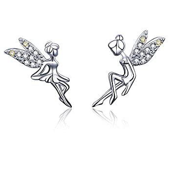 【中古】【輸入品 未使用】CZ Fairy Stud Earrings for Women Girls S925 Sterling Silver 18K White Gold Plated Asymmtric Two-Tone Cubic Zirconia Crystal Tinkerbell