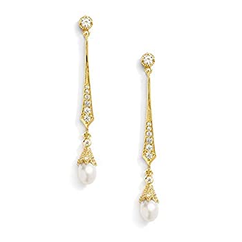 【中古】【輸入品・未使用】Mariell Slender 14K Gold CZ Vintage Dangle Earrings with Freshwater Pearl Drops - Bridal Wedding Style [並行輸入品]