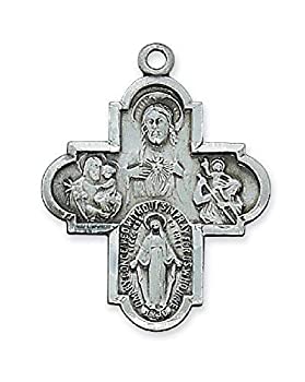 yÁzyAiEgpzReligious & Catholic Necklace, Men or Womens, Antique Design, Deluxe Satin Silver Finished Pewter Pendant, 4-way Medal with 24