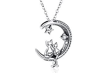 【中古】【輸入品 未使用】Cat Necklace, S925 Sterling Silver Cat on Moon Pendant, Cubic Zirconia, Women Jewelry, Gifts for Mum with Gift Package- I Love you fore