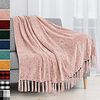 yÁzyAiEgpzPAVILIA Chenille Tassel Fringe Throw Blanket | Velvety Texture Decorative Throw for Sofa Couch Bed | Soft Silky Cozy Lightweight Knitte