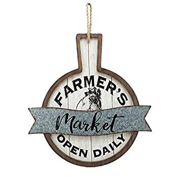 【中古】【輸入品・未使用】Parisloft Farmer's Market Open Daily Wood and Metal Circular Signs|Rustic Farmhouse Kitchen Wood Sign Plaque Wall Hanging Decor 17.75x0 1