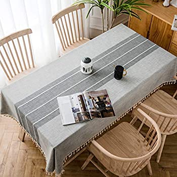 【中古】【輸入品 未使用】Oubonun Gray Tablecloth Embroidered Stitched with Fringe Tassels Rectangle Cotton Linen Fabric Stripe Table Cover Cloth for Kitchen Din