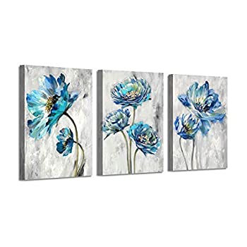 šۡ͢ʡ̤ѡAbstract Floral Artwork Flower Picture: Teal Splash Painting on Canvas Art for Wall  16 inch x 12 inch x 3 Panels  ʥƥ꡼: