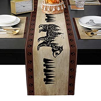 【中古】【輸入品 未使用】Table Runner with Placemats Set of 6 Vintage Black Bear Pine Tree Silhouettes Heat Resistant Placemats Retro Rustic Non-Slip Washable K