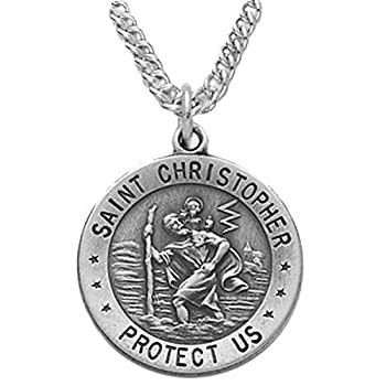 TrueFaithJewelry Sterling Silver Engraved Round Catholic Saint Christopher Protect Us Medal, 3/4 Inch 