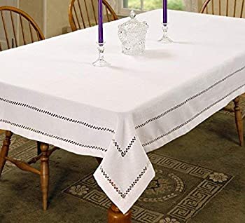 【中古】【輸入品 未使用】Violet Linen Hem Stitch Embroidered Vintage Design Oblong/Rectangle Tablecloth, 60 inch X 84 inch, White 並行輸入品