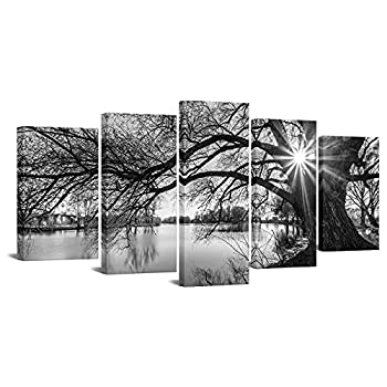 šۡ͢ʡ̤ѡsechars - 5 Pieces Wall Art,Old Tree by Lake Picture Canvas Prints Sunrise Painting Black and White Landscape Canvas Art,Modern Wall De