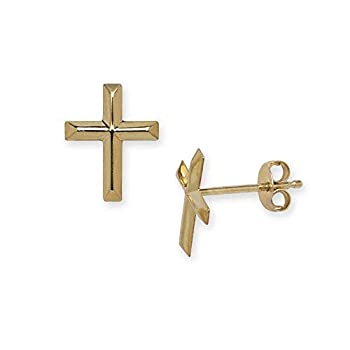 楽天スカイマーケットプラス【中古】【輸入品・未使用】Jewelryweb Solid 14k Yellow Gold Beveled Religious Faith Cross Earrings for women and kids （10mm x 8mm） [並行輸入品]