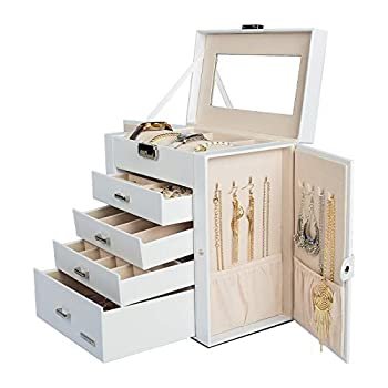 【中古】【輸入品 未使用】Homde Synthetic Leather Huge Jewelry Box Mirrored Watch Organizer Necklace Ring Earring Storage Lockable Gift Case (White) 並行輸入品