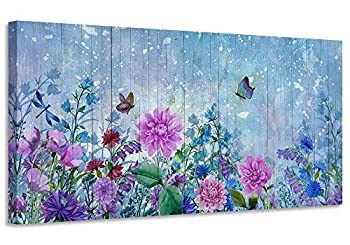 【中古】【輸入品 未使用】Acocifi Canvas Wall Art Purple Pink Flowers Picture Natural Butterfly Watercolor Painting Vintage Framed Blue Simple Blue Artwork for L