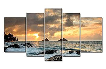 【中古】【輸入品 未使用】Blue 5 Piece Wall Art Painting Sunrise at Lanikai Point Hawaii White Wave Pictures Prints On Canvas Seascape The Picture Decor Oil for