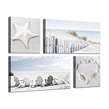 šۡ͢ʡ̤ѡBeach Wall Art Seascape Print: Starfish &Chair on Seaside Giclee Artwork Painting on Canvas for Wall Decor (12 inchx12 inchx2 Panels+2