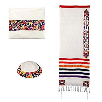 Multi Color Raw Silk Magen David Tallit Set with Matching Bag and Kippah 75 inch x 20 inch 商品カテゴリー: スカーフ 