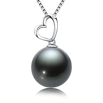 yÁzyAiEgpz18K Gold Natural Black Pearl Pendant Necklace 10-11mm Genuine Tahitian Cultured Round Pearls Heart Shape Pendant for Women with 18
