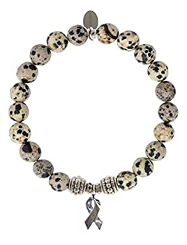 EvaDane自然Dalmation Jasper GemstoneロープビーズAwarenessリボンチャームストレッチブレスレット