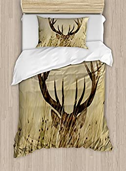 【中古】【輸入品・未使用】(TWIN / TWIN XL, Multi 1) - Antler Decor Duvet Cover Set by Ambesonne, Whitetail Deer Fawn in Wilderness Stag Countryside Rural Hunting