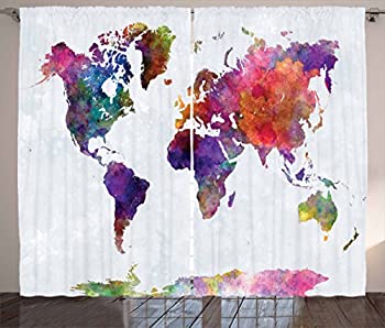 【中古】【輸入品・未使用】Ambesonne 水彩カーテン マルチカラー 手描き世界地図 アジア ヨーロッパ ..