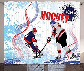 【中古】【輸入品・未使用】Hockeyカーテンby Ambesonne 2つのアイスホッケー選手Cartoon Style Onグランジ抽象Skating Rink背景 リビングルームベッドルームウィンドウド