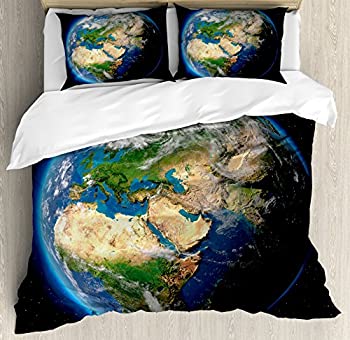 【中古】【輸入品 未使用】Earth布団カバーセットby Ambesonne Vivid Earth Globe withブルーSeas Greenery Volumetric Clouds科学テーマ 装飾寝具セット枕 ブルーグリ