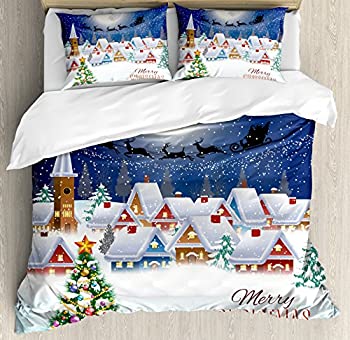 【中古】【輸入品・未使用】クリスマス布団カバーセットby Ambesonne月サンタクローストナカイ冬でHovering空、小さな村のイラストレーション、装飾寝具セットwithピロー、