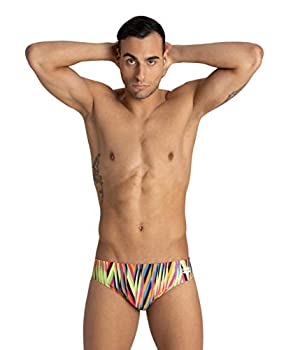 šۡ͢ʡ̤ѡArena Men's Seasonal Print 3-Inch Brief Athletic Training Swimsuit, Speed Stripes Multi Orange, 24