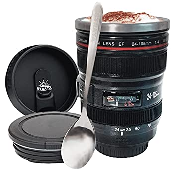 【中古】【輸入品・未使用】Coffee Mug - Camera Lens Coffee Mug -400ml, SUPER BUNDLE (2 LIDS + SPOON) Stainless Steel, Travel Coffee Mug, Sealed & Retractable Lids