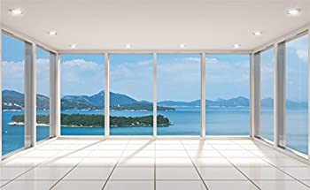 【中古】【輸入品・未使用】Leowefowa 5 x 3フィート 海の景色 部屋 背景 山 島 フレンチウィンドウ 大理石フロア ブルースカイホワイト雲 背景 写真撮影 赤ちゃん 夏 ホリ