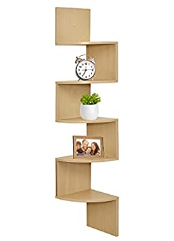 (Natural) - Greenco 5 Tier Wall Mount Corner Shelves Natural Finish