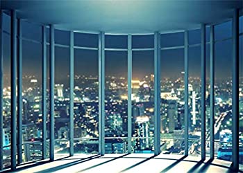 leowefowaビニール7?x 5ft Viewing Room Backdrop French Windows Skyscraper ShiningライトNew York City Night Viewロマンチック壁紙写真背景