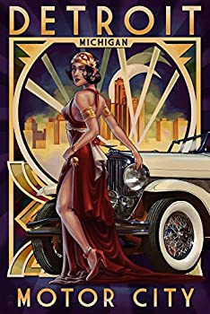 【中古】【輸入品・未使用】デトロイト、ミシガン州???Deco Woman and車 24 x 36 Giclee Print LANT-48143-24x36