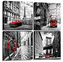 yÁzyAiEgpz(16x16inchx4, No Outside Frame) - Canvas Print Wall Art-Black White Cityscape Architecture Red Traffic-Brooklyn Bridge-Paris Eiffel Tow