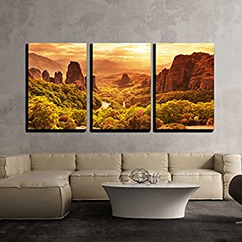 【中古】【輸入品 未使用】wall26 3ピース キャンバスウォールアート ギリシャのメテオラ修道院 モダンホームアート ストレッチ フレーム入りですぐに掛けられま