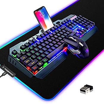 ワイヤレスゲーミングキーボードとマウスのコンボ 3イン1 レインボーLED充電式キーボードマウス 3800mAhバッテリーメタルパネル 10色 RGBゲーム