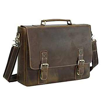 Polare Vintage Genuine Leather Tote Briefcase Professional 16'' Laptop Shoulder Messenger Bag with YKK Metal Zippers(Dark Brown)