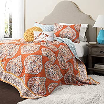 【中古】【輸入品・未使用】Lush D?cor Harley Quilt Damask Pattern Reversible 5 Piece Bedding Set, King, Tangerine