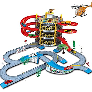 楽天スカイマーケットプラス【中古】【輸入品・未使用】ガレージおもちゃセット 車 車両 建物 駐車場 レーストラック 男の子用 ヘリコプター1台とランダムカー2台付き 丈夫なガレージプレイセット 男の