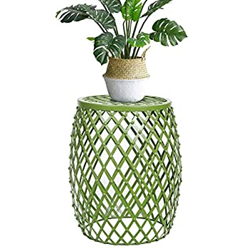 【中古】【輸入品 未使用】Adeco Home Garden Accents Wire Round Iron Metal Stool Side End Table Plant Stand, Hatched Diamond Pattern, for Indoor Outdoor, Olive Dr