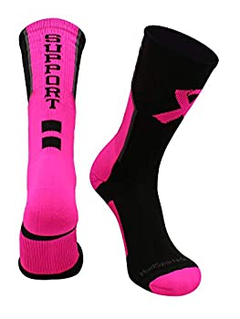 (Large, Black/Neon Pink/Graphite) - MadSportsStuff Pink Ribbon Breast Cancer Awareness Support Athletic Crew Socks