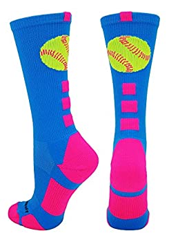 yÁzyAiEgpz(Medium, Electric Blue/Neon Pink) - MadSportsStuff Softball Logo Crew Socks