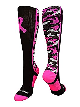 (X-Large, Black/Neon Pink) - MadSportsStuff Pink Ribbon Breast Cancer Awareness Camo Over the Calf Socks