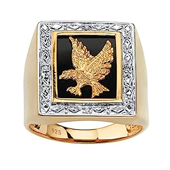 【中古】【輸入品・未使用】メンズ 14K イエローゴールド スターリングシルバー 本物のダイヤモンドアクセント ブラック 天然オニキス イーグルリング ブラック