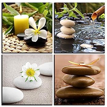 【中古】【輸入品・未使用】(12X12inchx4, A Zen) - NAN Wind Zen Canvas Wall Art Spa Still Life With Green Bamboo Fountain And Zen Stone Jasmine Flower Painting Pic