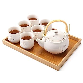 【中古】【輸入品・未使用】Dujust(デュジャスト) 日本茶セット 白磁 ティーセット ティーポット1個 ティーカップ6個 ティートレイ1個 ステンレスインフューザー1個 かわい