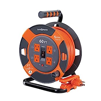 Link 2 Home Cord Reel Extension Cord 4 Power Outlets ? 14 AWG SJTW Cable. Heavy Duty High Visibility Power Cord (60 Feet)