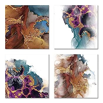 【中古】【輸入品・未使用】ラージ ゴールド パープル ティール キャンバス ウォールアート 4ピース 抽..