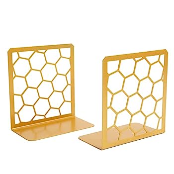 【中古】【輸入品・未使用】プレミアムブックエンド 幾何学模様 ハニカムメタルブックエンド ゴールド 1組 棚用ブックエンド