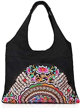 Mazexy トートバッグ ハンドバッグ レディース Lサイズ 刺繍入り キャンバス ショルダーバッグ デイリーバッグ, ブラック1, One-sized (Large)