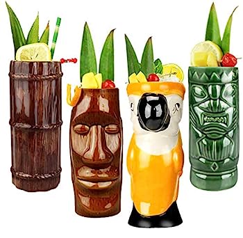 Tiki Mugs Cocktail Set of 4 - Ceramic Hawaiian Party Mugs Drinkware, Cute Exotic Cocktail Glasses, Tiki Bar Professional Hawaiian Party